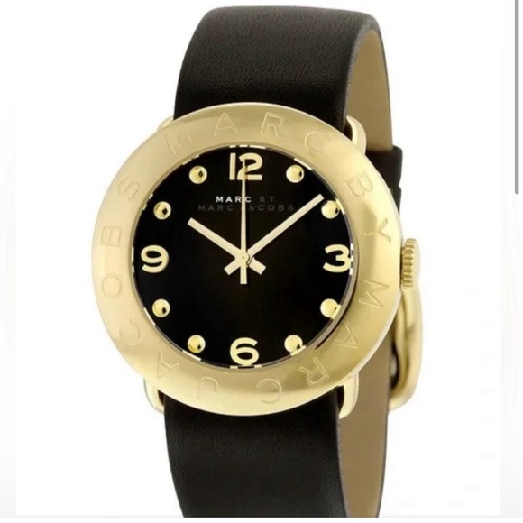 Marc by Marc Jacobs Amy Black Dial Gold Bezel Ladies Watch - Picture 1 of 6